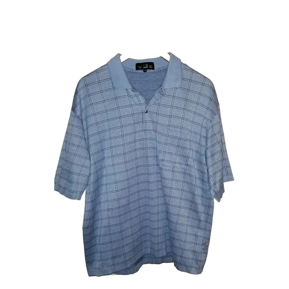 dunhill Men's Cotton Polo Shirt Sz‎ XL Windowpane Plaid Blue Italy Made EUC